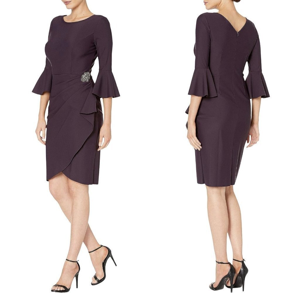 Alex Evenings Compression Scuba Embellished Waist Bell Sleeve Tulip Mini Dress 6